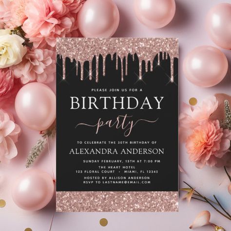 Rose Gold Black Glitter Any Age Birthday for $2.45 - Birthday Invitations 80th Birthday Party Decorations, 60th Birthday Party Invitations, Girly Birthday Party, Surprise Birthday Invitations, Girly Birthday, 95 Birthday, Birthday Roses, Rose Gold Sparkle, 80th Birthday Party