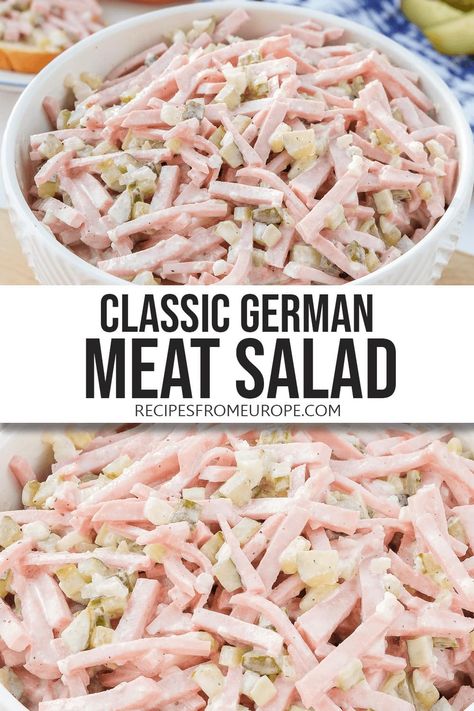 Looking to make Fleischsalat? This classic German meat salad - loaded with fresh wurst and pickles - makes a hearty lunch on a bun! #germanrecipes Meat Vegetable Soup, Bologna Salad, German Salads, German Meat, Bologna Recipes, Easy German Recipes, German Food Authentic, On A Bun, Delicious Meatloaf