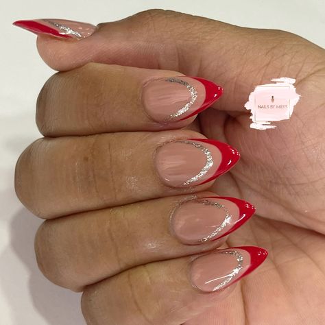 Red And Silver French Tip Nails, Red French Tip With Gold, French Tips Silver, Red French Tips, Hoco Nails, Prom Inspo, Red French, Prom 2024, Diy Nails At Home