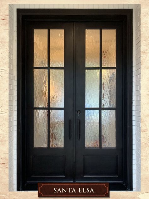 Glass In Front Door, Iron Front Door Double, Glass Front Door Ideas, Glass Entrance Doors, French Front Doors, Steel Doors Exterior, Double Door Entrance, Transitional Doors, Front Door Decal