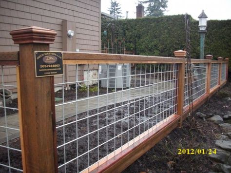 “Hog panel” fence | Deck Masters, llc - Portland, OR Hog Panel Fence, Hog Panel Fencing, Wire Fence Panels, Wire Deck Railing, Hog Wire Fence, Panel Fence, Cattle Panels, Front Yard Fence, Farm Fence