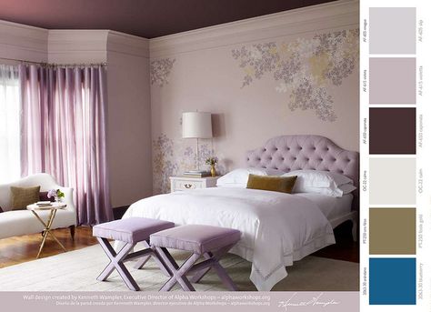 Benjamin Moore Paint: Walls and trim: AF-615 violetta  Ceiling AF-650 caponata  Wall Art: OC-22 calm, PT-250 fools gold, AF-600 amorous. Sophisticated Teen Bedroom, Teenage Room Designs, Oasis Decor, Lavender Bedroom, Purple Bedrooms, Teen Bedroom Designs, Teenage Room, Teen Girl Bedroom