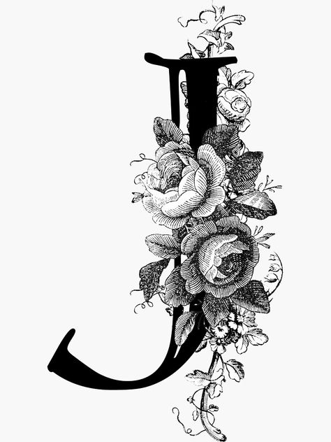 "Vintage Engraved Floral Monogram Letter J" Sticker by Grafixmom | Redbubble Autograph Ideas, Letter J Tattoo, J Sticker, J Tattoo, Floral Monogram Letter, J Design, Calligraphy Fonts Alphabet, Aesthetic Letters, Wood Burning Patterns