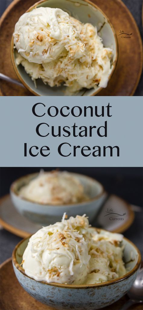 Creamy Coconut Ice Cream, Coconut Cream Pie Ice Cream, Coconut Cream Custard, Toasted Coconut Ice Cream Recipe, Coconut Gelato Recipe, Frozen Custard Recipe Ice Cream Maker, Ice Cream Custard Recipe, Cuisinart Ice Cream Maker Recipes Healthy, Coconut Cream Ice Cream Recipe