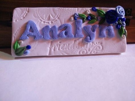 Polymer Clay Name plate with blue flowers Ceramic Name Plate, Clay Name Plate, Ocean Commotion, 7th Grade Art, Name Plates For Home, Air Clay, Name Plate Design, Name Plates, Beautiful Mosques