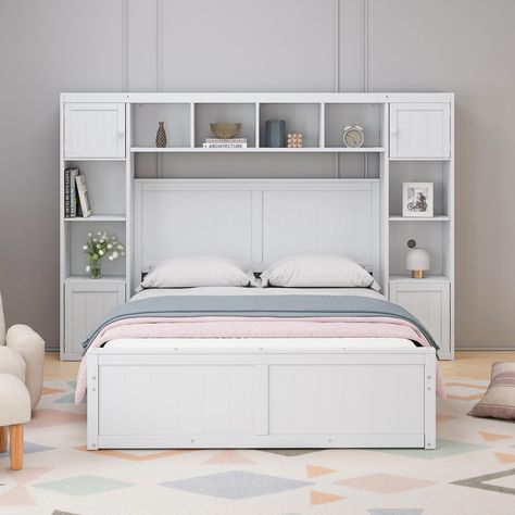 PRICES MAY VARY. [Versatile Headboard Design]: The headboard of this bed is a masterpiece of functionality and style. It features 8 storage compartments and 4 cabinets, providing you with ample space to display your favorite books, family photos, or decorative items. The cleverly designed compartments on both sides of the headboard have 2 built-in cable management holes, allowing you to neatly route wires for lamps or electronic devices. [Stylish Design with Reliable Construction]: The bed frame White Beds, Bookcase Bed, Full Size Platform Bed, Headboard Design, Full Size Bed Frame, Folding Bed, Bookcase Headboard, Multifunctional Storage, Wood Bed