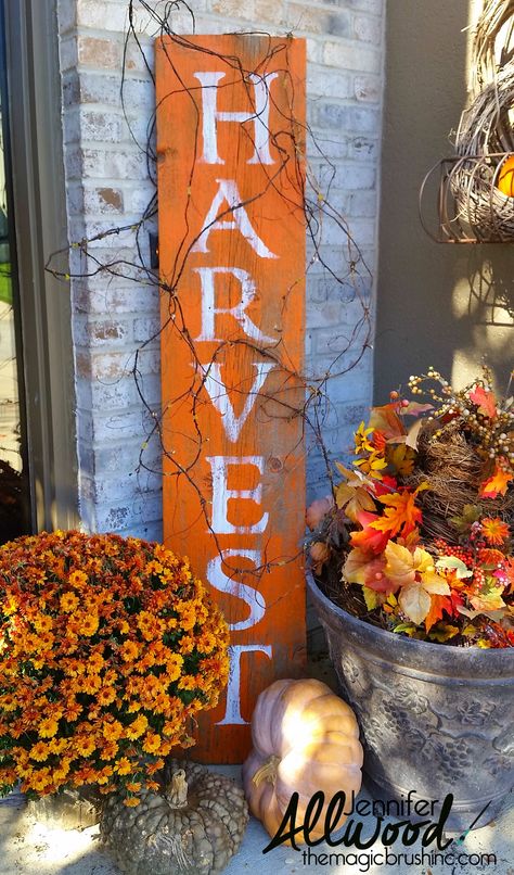 This harvest sign is such a fun, festive fall decor to add to a front porch. This DIY tutorial has painting tips working with stencils and barnwood. Mums In Pumpkins, Harvest Sign, Barn Wood Signs, Fall Front Porch Decor, Fall Deco, Autumn Decorating, Friday Night Lights, Fall Front, Fall Projects