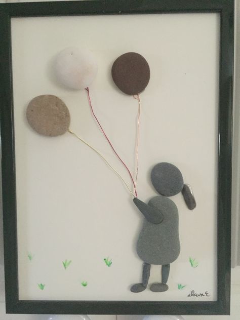 NO STONE UNTURNED Pebble Art by Fawn - Happy Day. Balloons! Rock Sculpture, Stick Art, Beach Glass Art, Pebble Pictures, Stones Diy, Pebble Stone, Seashell Art, Stone Crafts, Hand Painted Rocks