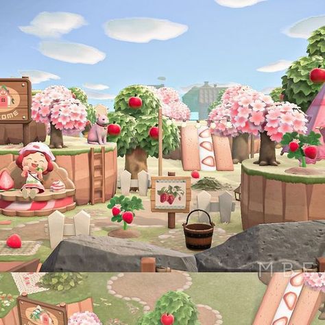 Animal Crossing Strawberry Farm, Animal Crossing Strawberry Design, Strawberry Island Animal Crossing, Acnh Strawberry Design, Acnh Strawberry Shortcake Design, Acnh Strawberry Shortcake, Acnh Coquette, Fairy Acnh, Acnh Strawberry