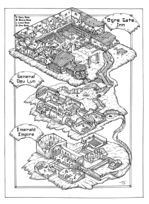 Ogre Gate Inn Dungeon Map by FrancescaBaerald Lost Temple, Dungeon Map, Map Sketch, Fantasy City Map, Fantasy Map Making, Isometric Map, Dnd World Map, Fantasy World Map, Map Maker