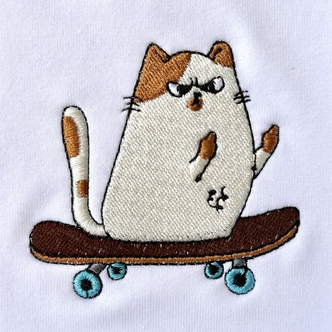 Cat On A Skateboard, Machine Embroidery Design, Embroidery Machine, Machine Embroidery Designs, Embroidery Design, Machine Embroidery, Skateboard, Embroidery Designs, Doodles