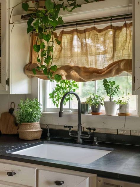 Kitchen Above Window Decor, Rustic Kitchen Window Ideas, Window Over Kitchen Sink Ideas, Farmhouse Kitchen Window Over Sink, Short Window Curtains Ideas, Kitchen Curtain Ideas Above Sink, Over Sink Decor, Kitchen Window Decor Over Sink, Kitchen Window Above Sink