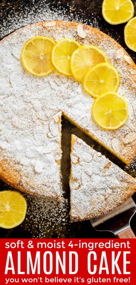 This is the easiest Almond Cake with just 4 main ingredients. This cake has a soft, moist crumb and is lightly sweet with a pop of lemon flavor. You won't believe it is a grain free and gluten free cake recipe! This is an almond flour cake you will make over and over. | natashaskitchen.com Gluten Free Almond Cake, Almond Flour Desserts, Almond Flour Cake, Almond Flour Cakes, Gluten Free Cake Recipe, Almond Cake Recipe, Baking With Almond Flour, Almond Flour Recipes, Lemon Flavor