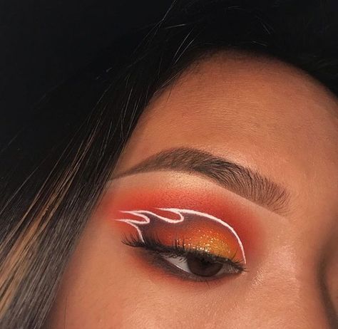 Fire Eyeliner Eye Makeup, Flame Eye Makeup Fire, Hellfire Club Makeup, Flame Princess Makeup, Red Fire Makeup, Race Car Makeup Look, Lightning Mcqueen Makeup Look, Flame Graphic Liner, Fire Graphic Liner