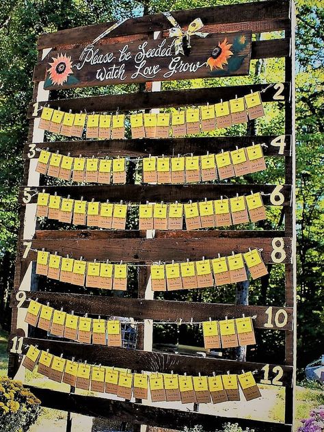 Handcrafted Seating Wedding Seating Chart|Wooden Pallet with Sunflower Seed Packet Placement Cards/Favors|Hand Painted Custom "Please Be Seeded & Watch Love Grow" Sign Sunflower Seed Wedding Favors, Placement Cards, Pallet Seating, Seed Favors, Seed Wedding Favors, Sunflower Bridal Shower, Wedding Event Decor, Seating Cards, Sunflower Seed