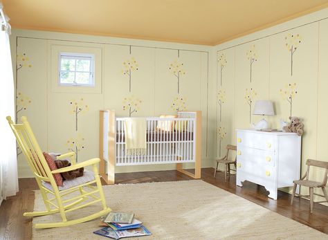 Benjamin Moore Paint Colors - Yellow Kids' Rooms Ideas - Sweet & Subtle Yellow Nursery - Paint Color Schemes . . . . . A mix of yellows adds playful personality in this sweet nursery. . . . . . Walls (background) - Pale Moon (OC-108); Ceiling - August Morning (2156-40); Accent (mattress pad) - Fairview Taupe (HC-85). Interior Paint Ideas, Pale Moon, Yellow Nursery, Paint Ideas, Benjamin Moore, Interior Paint, Nursery, Ceiling, Moon