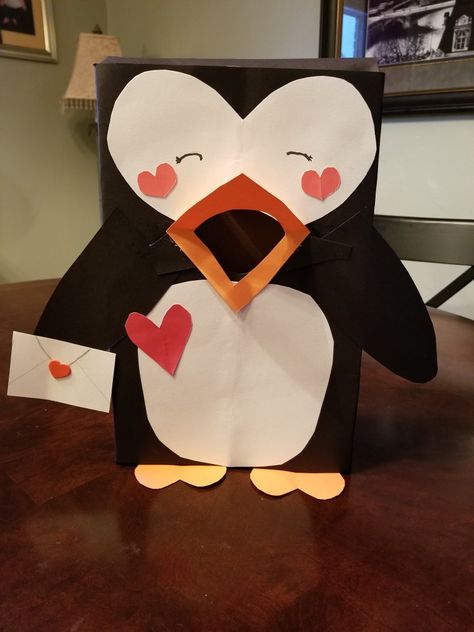 Penguin Valentine's Day box Homemade Valentine Boxes, Vday Crafts, Elephant Valentine, Tissue Box Crafts, Girls Valentines Boxes, Diy Valentines Box, Valentine Boxes For School, Valentines Diy Kids, Kids Valentine Boxes