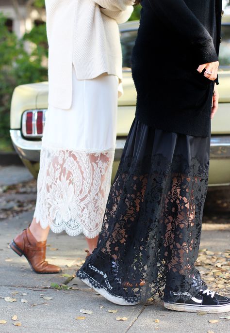 The moment I tried on this DKNY lace slip dress, I instantly fell in love and knew it would quickly become a wardrobe staple. I was mostly smitten with the extra wide lace trim that provided the perfect amount of transparency - so much so that I wanted one in white and ivory, in addition to the Diy Lace Skirt, Diy Clothes Refashion, Lace Slip Dress, Boho Diy, Lace Slip, Refashion Clothes, Wholesale Clothing, Diy Fashion, Clothing Patterns