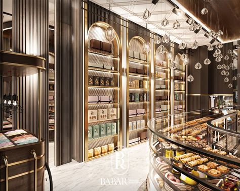 Confectionary Shop Design, Art Deco Bakery, Sweet Shop Interior, Modern Patisserie, Cafe Showroom, Luxury Bakery, Chocolate Store Design, Cake Shop Design, Bakery Shop Interior