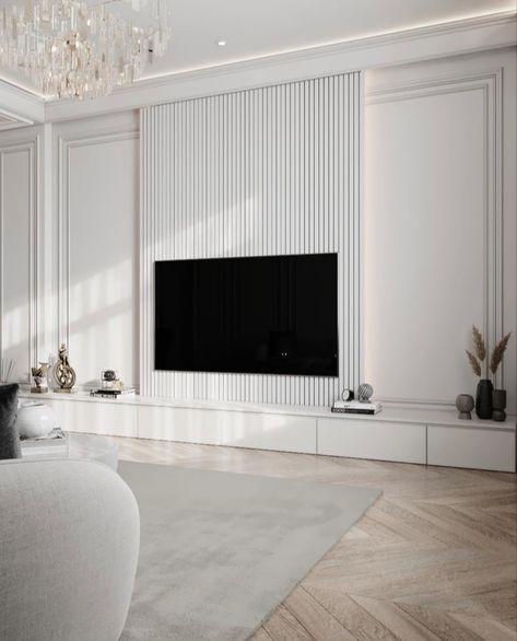 Modern Classic Tv Wall Design, Built In Cabinets Living Room With Tv, Living Room Accent Wall Behind Couch, Off White Sofa Living Room Ideas, Modern Classic Tv Wall, Molding On Walls Living Room, Neoclassical Tv Wall Design, Living Tv Wall, Classic Tv Wall Design