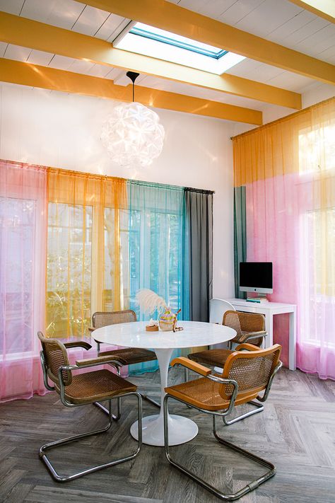 Hand-Dyed Rainbow Curtains Envelop This Event Designer’s Happy Place on Fire Island Rainbow Curtains, Fire Island, Mosaic House, Color Story, Lined Curtains, Eclectic Interior, Island Home, Colorful Curtains, Pink Walls