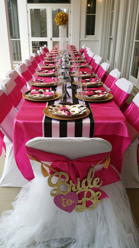 Kate Spade Table Setting, Hot Pink Bridal Shower Decorations, Black White And Hot Pink Party Ideas, Barbie Themed Bridal Shower Ideas, Kate Spade Wedding Decor, Barbie Bridal Shower Ideas, Kate Spade Bridal Shower Theme, Barbie Bridal Shower, Kate Spade Party Theme