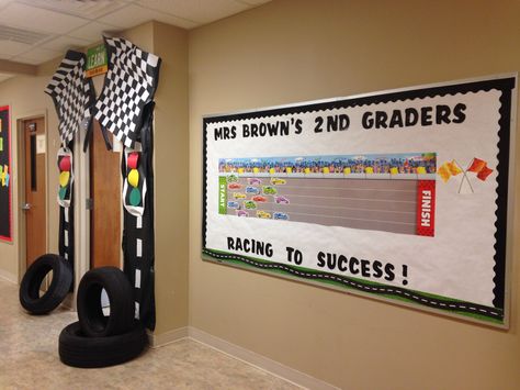 Racing to success Race To The Finish Line Bulletin Board, Race Car Classroom Theme Bulletin Boards, Racing Bulletin Board Ideas, Race Car Bulletin Board Ideas, Race Car Bulletin Board, Race Car Classroom Theme, Road To Success Bulletin Board, Car Classroom Theme, Iready Incentives