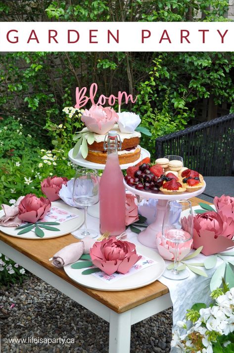 Garden Party: Easy DIY Cricut garden party decor, with custom stickers, paper flower peonies, and a DIY cake topper. Summer days are perfect for enjoying with friends in the garden.  I love entertaining in my garden when the weather is warm, and the flowers are blooming.  There’s no nicer backdrop for spending time with friends […] The post Summer Garden Party appeared first on Life is a Party. Garden Party Ideas Food, Small Garden Party Ideas, Warehouse Party, Indoor Garden Party, Printable Sticker Paper, Cozy Garden, Birthday Picnic, Garden Party Decorations, Paper Peonies