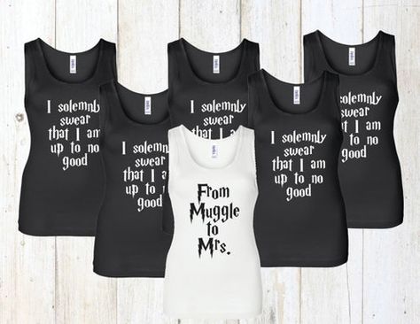 How To Throw A 'Harry Potter' Bachelorette Party With Your Main Muggles From Muggle To Mrs, Muggle To Mrs, Harry Potter Bachelorette Party, Bachelorette Drinking Games, Hp Wedding, Harry Potter Tank Top, Harry Potter Bachelorette, Harry Potter Bridal Shower, Kim Wedding