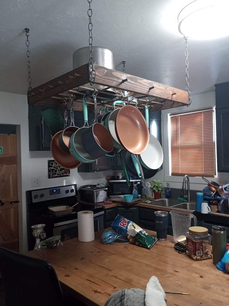 Island Pot Rack, Kitchen Island Pot Rack, Diy Pot Rack, Diy Pots, Pot Rack, Kitchen Island