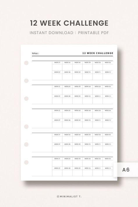 A6 Inserts, 12 Week Challenge Week Tracker, Goal Planning Worksheet, 12 Week Challenge, Study Planner Printable, Tracker Fitness, Challenge Tracker, Habit Tracker Printable, Life Binder, Week Challenge