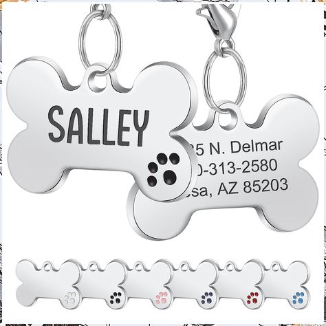 Natiform Personalized Engraving Pet ID Tags, Bone Paw Print Dog ID Tag, with 4 Lines of Custom Engraved ID, Pet Name Tags Per Flower Cat Collar, Pet Name Tags, Engraved Dog Tags, Dog Name Tags, Large Dog Collars, Personalized Dog Tags, Custom Dog Tags, Dog Collar Tags, Cat Id Tags