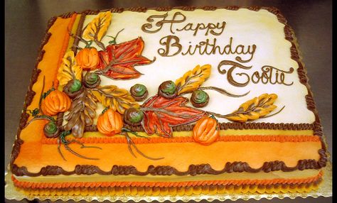 Inspiration for a new cake project! :) --harvest beauty from Harps grocery stores bakery Fall Theme Cakes, Thanksgiving Cakes Decorating, Fall Cakes Decorating, Autumn Cakes, Sheet Cakes Decorated, Cake And Flowers, Thanksgiving Sweets, Thanksgiving Cake, Sheet Cake Designs