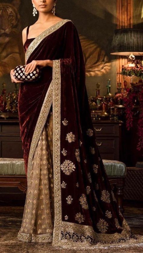 Maroon velvet designer saree Indian sari half and half wine | Etsy Velvet Sari, Velvet Saree, Sabyasachi Sarees, Sari Design, Zardozi Embroidery, Perhiasan India, Saree Style, Modern Saree, Mode Turban