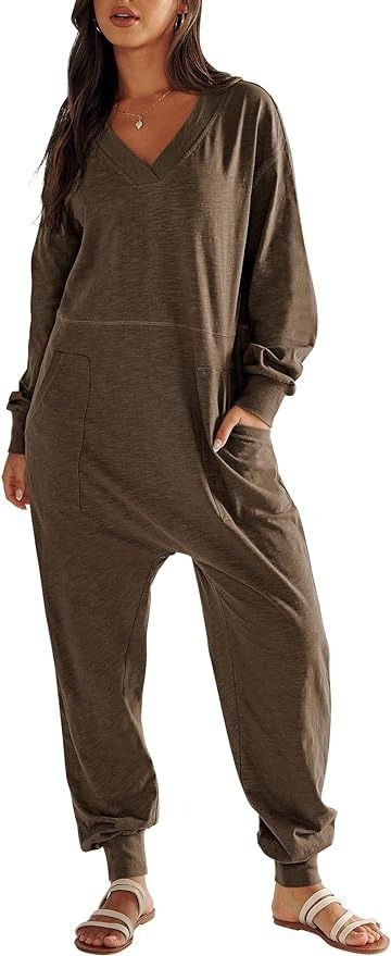 Amazon.com: ANRABESS Women's Casual Loose Jumpsuits Long Sleeve V Neck Oversized Rompers Baggy Overalls Lounge Pajamas Onesie Jumper : Clothing, Shoes & Jewelry Women Long Sleeve Jumpsuit, Work Overalls, Romper Long Pants, Pajama Outfit, Fitted Romper, Pocket Jumpsuit, Colorful Jumpsuit, Loose Jumpsuit, Coffee Color