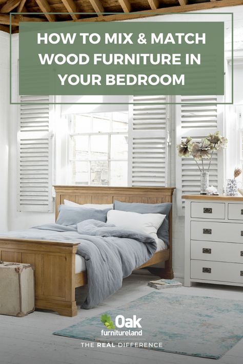 It's likely that over the years you've collected different furniture pieces with different styles. An eclectic, layered look is a great way to give your bedroom character, as well as a timeless appeal. Mixing different styles of wood, however, can be a real challenge. We run down our top tips on blending your wood finishes to create a beautifully cohesive look. #OakFurnitureland #paintedfurniture #paintedfurnitureideas #oakfurniturelivingroom #oakfurniturebedroom #oakbedroomfurniture Mix And Match Wood Furniture, Bedroom With Wood Furniture, Oak Furniture Living Room, Dark Wood Bed, Oak Furniture Land, Oak Bedroom Furniture, Painted Bedroom Furniture, Oak Furnitureland, Wood Bedroom Furniture