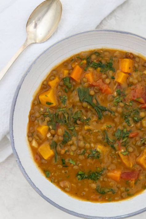 ​​﻿Hearty Lentil Soup with Roasted Butternut Squash, Kale and Bacon - True North Kitchen Sunday Soup, Butternut Squash Kale, French Green Lentils, Barley Risotto, Rye Flour, Barley Soup, Roasted Squash, Green Lentils, Swedish Recipes