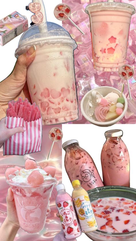 strawberry milk | boba | hwachae | dessert | candy | pink Cutecore Food, Pink Deserts, Strawberry Milk Boba, Strawberry Boba Tea, Boba Strawberry, Strawberry Boba, Candy Aesthetic, Soft Kidcore, Jelly Candy