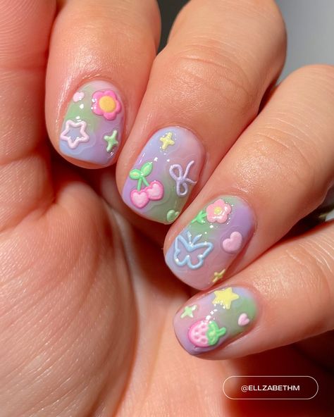 Kawaii Nail Inspiration, Nail Designs For Kids Cute, Small World Nails, Nail Inspo For Kids, Squishmallow Nails, Kids Nail Ideas, Nail Designs Kids, Fun Acrylic Nails, Nail Designs For Kids