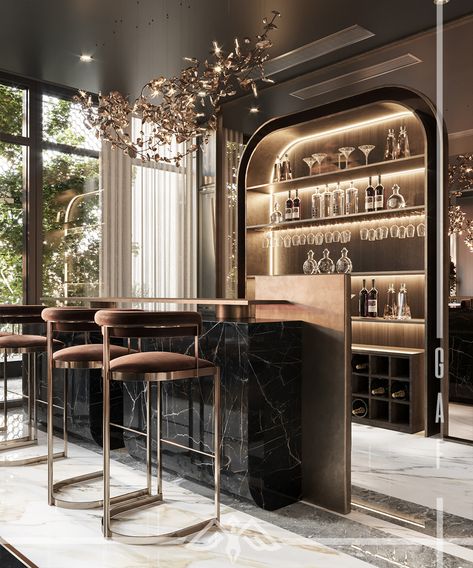 Atta's Palace I Luxurious Interior Design I GAF Design Studio Luxury Bar Counter Design Home, Luxury Bar Design, Modern Home Bar Designs, Bar Design Home, Bar Lounge Design, Bar Counter Design, Bar Space, Modern Luxury Interior, Aesthetic Interior Design