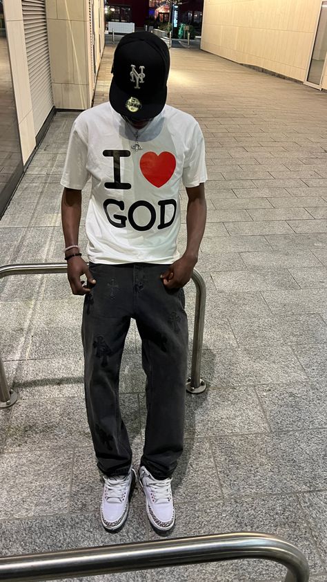 Outfit details: Black ny fitted hat, white i love God tshirt, grey gallery dept jeans, jordan 3 free throw line. I Love Ny Shirt Outfit, Ny Fitted Hat, Gallery Dept Jeans, I Love God, Gallery Dept, Free Throw, I Love Ny, Aesthetic Gif, God Loves Me