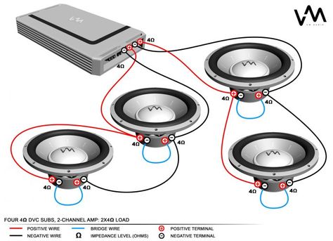 How to Connect Four Speakers To A 2-Channel Amp Wiring Speakers, Subwoofer Wiring, Subwoofer Box Design, Car Stereo Systems, Car Audio Installation, Car Audio Subwoofers, Car Audio Amplifier, Car Amp, Stereo Systems