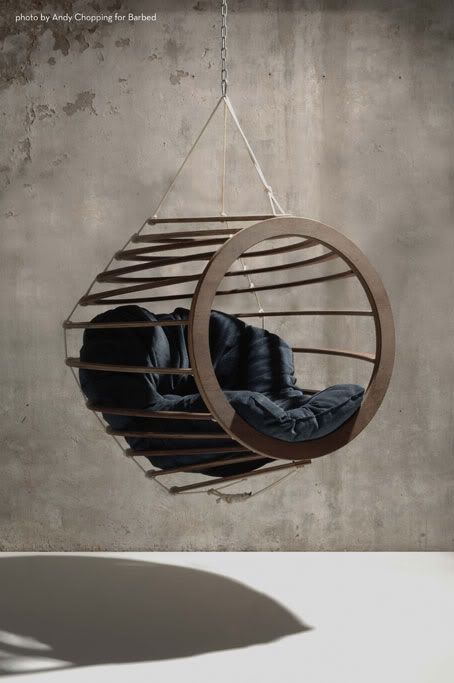 Hanging chair by Nick Rawcliffe. Fun Designs We Love at Design Connection, Inc. | Kansas City Interior Design http://www.DesignConnectionInc.com #InteriorDesign Indoor Swing, Hanging Furniture, Creative Furniture, Zaha Hadid, Hammock Chair, Take A Seat, Cool Chairs, Swinging Chair, Light Art