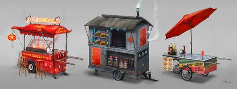 Art of Dreamfall Chapters: Reborn. Chinese stalls and food carts. Truck Concept Art, Ideas For Food Truck, Food Truck Concept, Street Food Cart, Japan Street Food, Truck Concept, Food Stall Design, Chinese Street Food, Ideas For Food