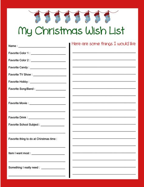 Free Christmas Wish List printable!  In addition to things that the kids want, this wish list includes a list of favorites to think about for gift giving.  My kids had a blast filling these out and I got lots of great ideas!  To download the PDF go to http://rbstoutfamily.blogspot.com/2013/11/christmas-wish-list-and-kids-letter-to.html Enjoy! Christmas Wishlist For Teens, Christmas List Printable, Christmas Wish List Template, Christmas List Template, Kids Christmas List, Santa Wish List, Santa Template, Santa Letter Template, Christmas Wish List