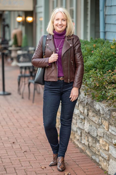 Leather Moto Jacket & Jeans Outfit - or "What I Bought with My Nordy Notes" - Dressed for My Day Jacket Jeans Outfit, Leather Moto Jacket Outfit, Brown Leather Jacket Outfit, Womens Leather Jacket Outfit, Eclectic Wardrobe, Moto Jacket Outfit, Dressed For My Day, Retro Inspired Fashion, Burgundy Background