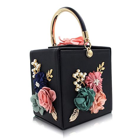 Milisente Women Clutches Flower Clutch Bag Box Clutch Purse Evening Handbag (Black) Wedding Clutch Purse, Crystal Handbag, Clutch Purse Black, Flower Handbag, Clutch Bag Wedding, Pearl Decorations, Wedding Clutch, Floral Squares, Box Clutch