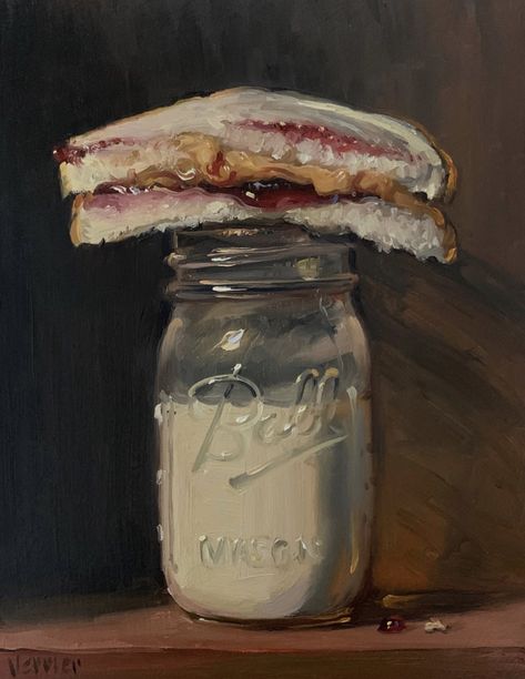 Noah Verrier oil painting of a PB&J (peanut butter and jelly sandwich) and a jar of milk. Jar Oil Painting, Realism Art Painting, Milk Painting, Milk Aesthetic, Jar Painting, متحف فني, Food Paintings, Milk Art, Food Art Painting