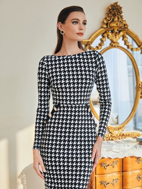 Bodycon Dress Long Sleeve, Bodycon Dress Long, Hot Sweater, Women Bodycon Dress, Houndstooth Dress, Work Wear Women, Long Sleeve Bodycon Dress, Bodycon Midi, Dress Long Sleeve