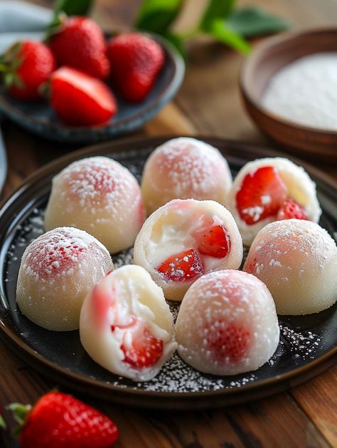 Strawberry Cheesecake Mochi Bites! 🍓  𝗜𝗻𝗴𝗿𝗲𝗱𝗶𝗲𝗻𝘁𝘀: 📋 • 1 cup mochiko (sweet rice flour) • 1/4 cup sugar • 1 cup water • 1/2 cup strawberries, finely chopped • 1/2 cup cream cheese, softened • 1/4 cup powdered sugar • Cornstarch for dusting 𝗗𝗶𝗿𝗲𝗰𝘁𝗶𝗼𝗻𝘀: 📋 1. Prepare Mochi Dough: In a microwave-safe bowl, mix mochiko and sugar. Gradually add water, stirring until smooth. Microwave for 2 minutes. Stir, then microwave for another minute until the dough becomes thick and sticky Cream Mochi, Sweet Rice Flour, Strawberry Mochi, Mochi Recipe, Japanese Desserts, Sweet Rice, Scrumptious Food, Creative Birthday Cakes, Japanese Dessert